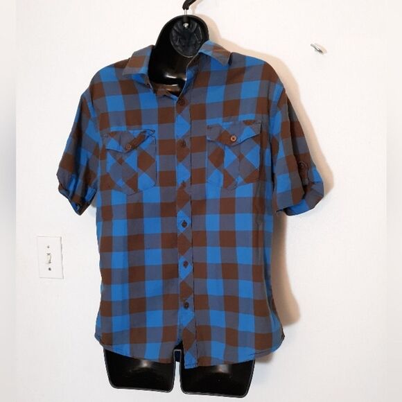 Hang Ten blue/brown plaid button up shirt - Picture 1 of 5